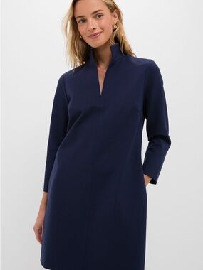 Tuckernuck Ponte Clifton Navy Split-Neck Long-Sleeve Shift Dress